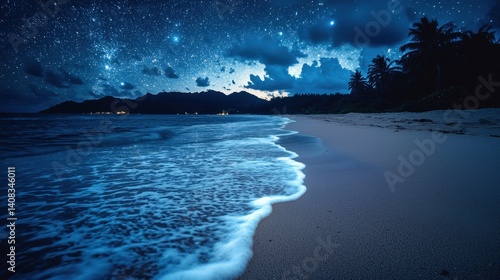 Nighttime beach view with stars and gentle waves along a secluded shoreline