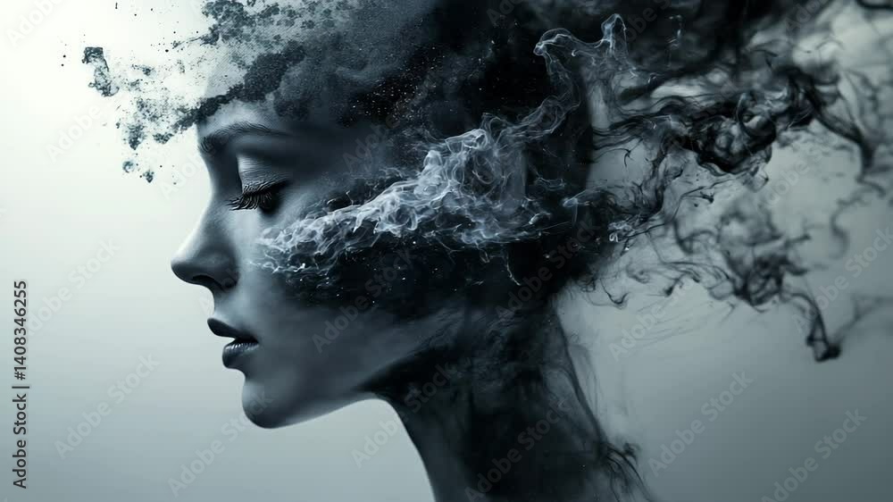 A woman in profile, her head dissolves into a haze, conveying her thought process and state of mind A woman in profile, her head dissolves into a haze, conveying her thought process and state of mind