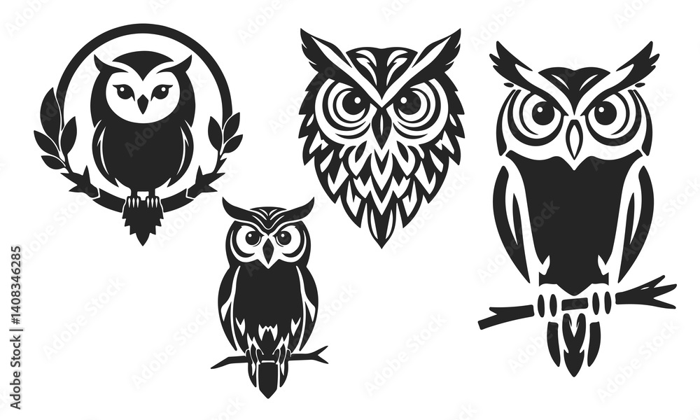 Obraz premium Owl logo set. Detailed drawing, strict look, symbol of wisdom, intelligence, protection, suitable for branding and design. Owl logo, tribal owl, vector owl, owl emblem