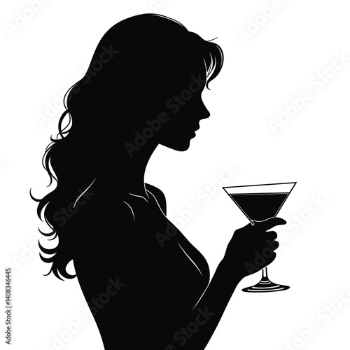 Silhouette of a woman holding a cocktail glass against a white background  