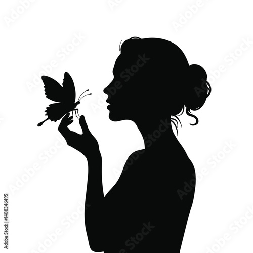 Silhouette of a woman admiring a butterfly against a white background  