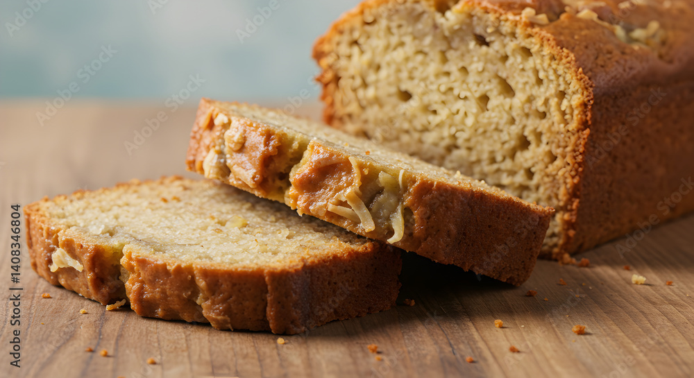 Delicious Freshly Baked Banana Bread Slices Displayed On Wooden Cutting Board Delicious Freshly Baked Banana Bread Slices Displayed On Wooden Cutting Board