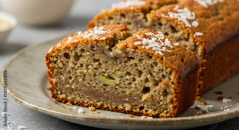 Moist Banana Bread With Coconut Flakes Ready To Taste On Plate Moist Banana Bread With Coconut Flakes Ready To Taste On Plate