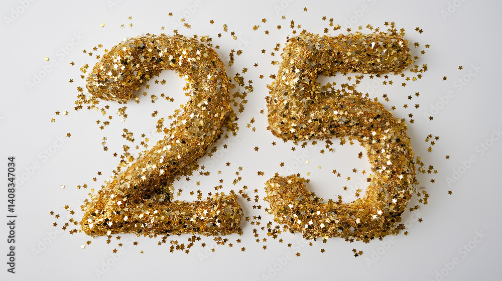 Golden confetti shaping numeral twenty five against white backdrop, festive holiday minimalism with sparkling celebration theme Golden confetti shaping numeral twenty five against white backdrop, festive holiday minimalism with sparkling celebration theme