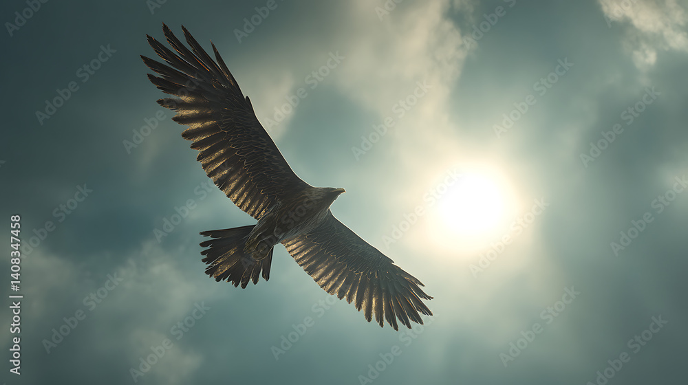 Fototapeta premium A majestic eagle soaring through the clouds, with detailed feathers, and the sun shining brightly behind it