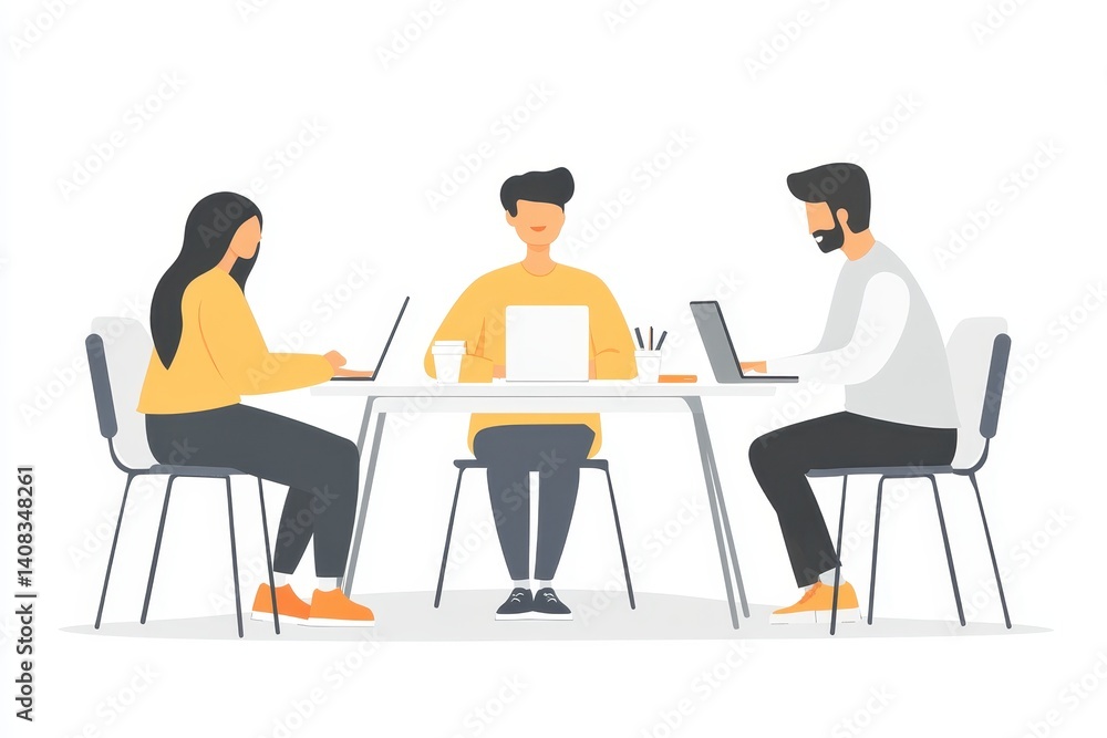 Collaboration among three individuals working at a modern table in an office setting during a productive day Collaboration among three individuals working at a modern table in an office setting during a productive day