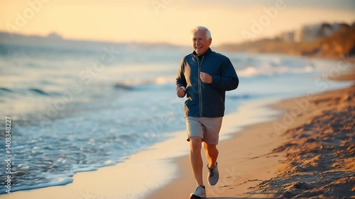 An elderly man runs along the seashore at dawn, active longevity and health