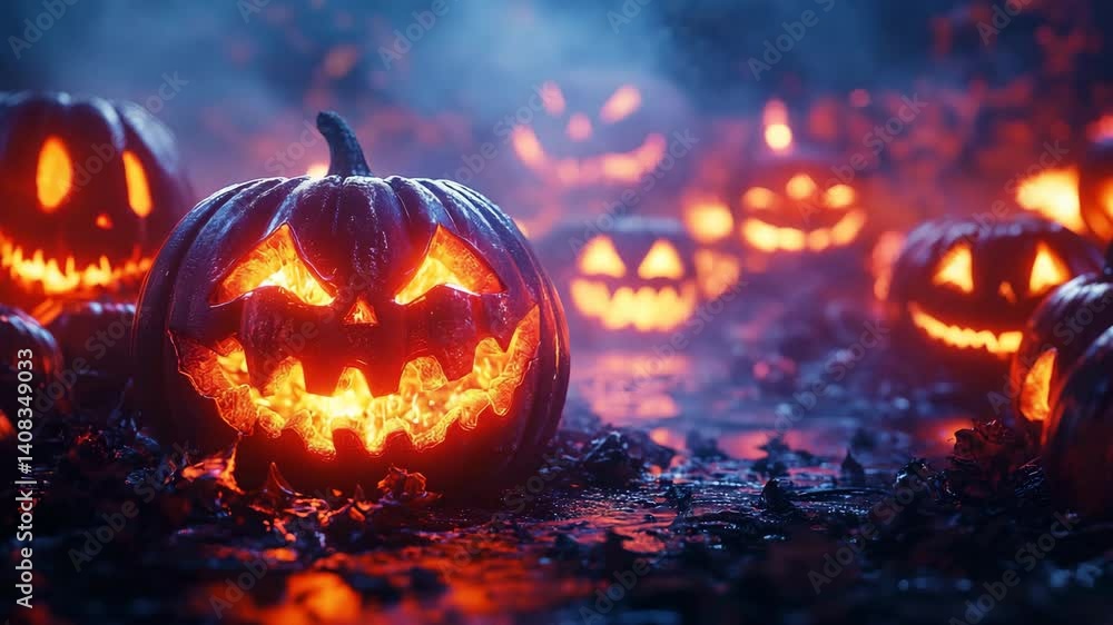 A glowing Halloween pumpkin stands among the trees in a mysterious night forest, surrounded by mystical light A glowing Halloween pumpkin stands among the trees in a mysterious night forest, surrounded by mystical light