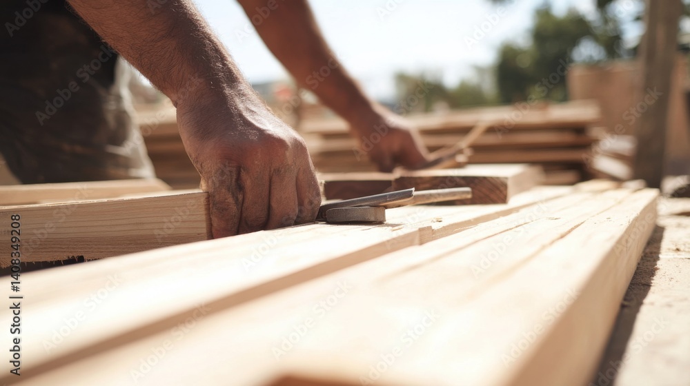 Carpenter assembling wooden panels at a construction site. Featuring craftsmanship and precision Carpenter assembling wooden panels at a construction site. Featuring craftsmanship and precision