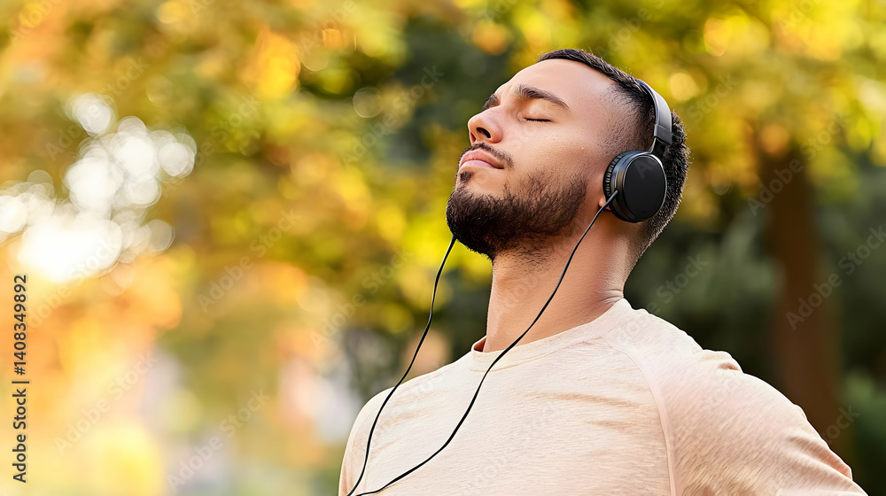 Serene Young Man With Beard Enjoys Music On Headphones In Golden Hour Autumn Park With Closed Eyes In Soft Focus Serene Young Man With Beard Enjoys Music On Headphones In Golden Hour Autumn Park With Closed Eyes In Soft Focus