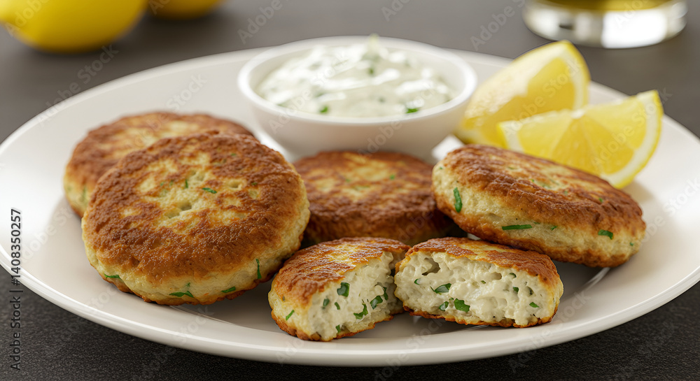 Golden Fishcakes Served With Refreshing Tartar Sauce And Fresh Lemon Wedges Golden Fishcakes Served With Refreshing Tartar Sauce And Fresh Lemon Wedges