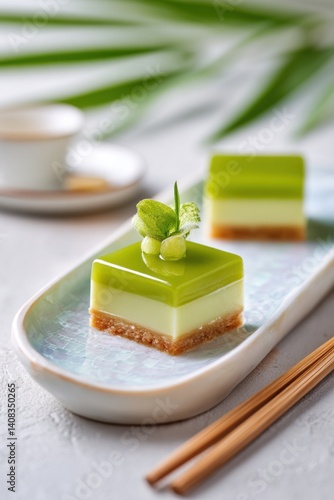 Wallpaper Mural Delicious layered matcha dessert plated on a mother-of-pearl dish Torontodigital.ca