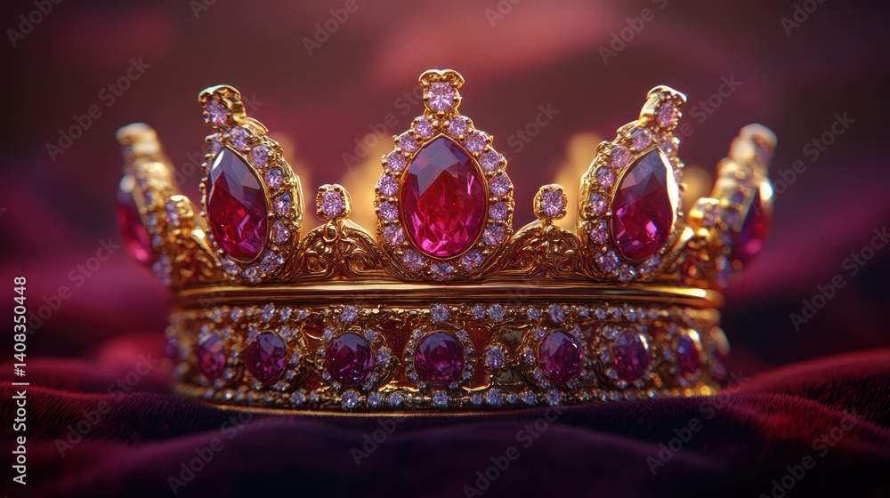 Obraz premium Opulent golden crown with ruby jewels rests on a rich maroon velvet cloth