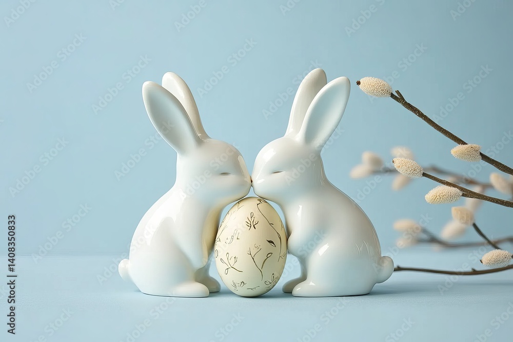 Obraz premium Two ceramic bunnies kissing, an Easter egg between them, against a pastel blue background, with willow catkins on the right side.