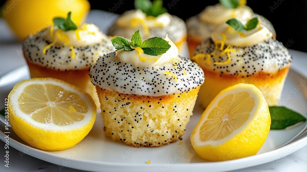 A white plate with cupcakes, frosted and sprinkled, sits beside lemon slices A white plate with cupcakes, frosted and sprinkled, sits beside lemon slices