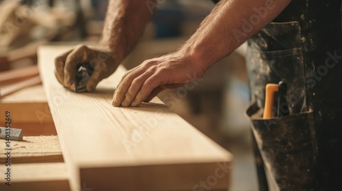 Carpenter constructing a wooden door frame at a construction site. Featuring craftsmanship and focus
