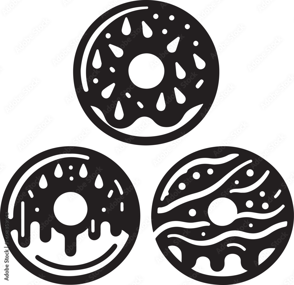 Fototapeta premium Silhouette vector of a delicious donut with icing and sprinkles. Ideal for bakery icons, sweet treats, dessert menus, and snack branding.