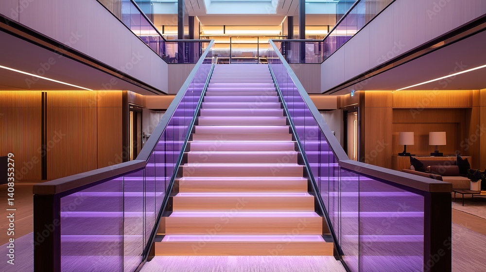 Fototapeta premium Elegant staircase design modern hotel lobby interior architecture luxurious environment wide angle contemporary style