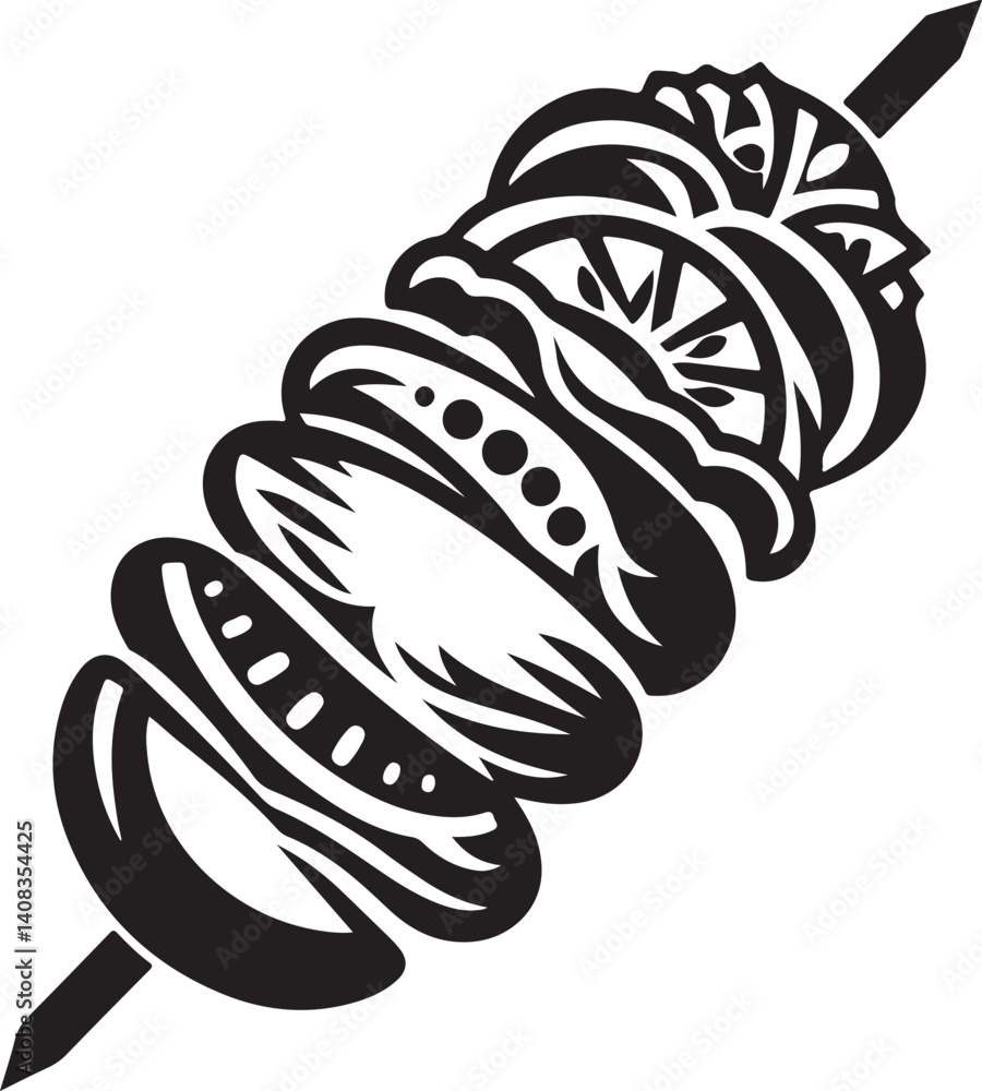 Obraz premium Silhouette vector of chicken kebab on a skewer, ideal for BBQ, grilled food icons, restaurant branding, takeaway menus, and Middle Eastern cuisine designs.