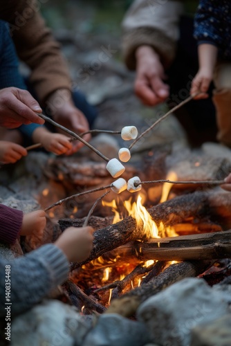 Children roasting marshmallows over an open campfire. A heartwarming outdoor scene perfect for portraying camping, family time, autumn evenings, and cozy childhood memories in nature.