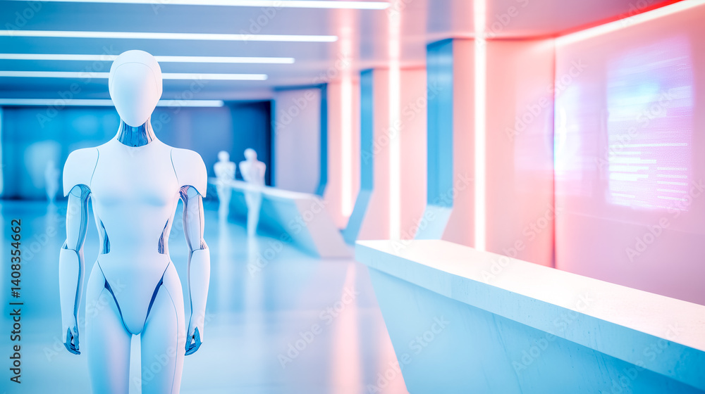 Futuristic airport passport control with robot officer standing guard Futuristic airport passport control with robot officer standing guard