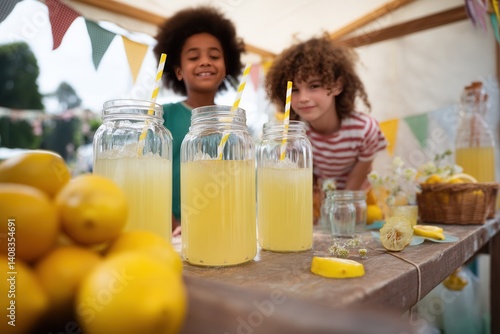 Two smiling kids behind a homemade lemonade stand with bright jars of fresh juice and whole lemons. Perfect for visuals about summer fun, small business, childhood, and outdoor events.