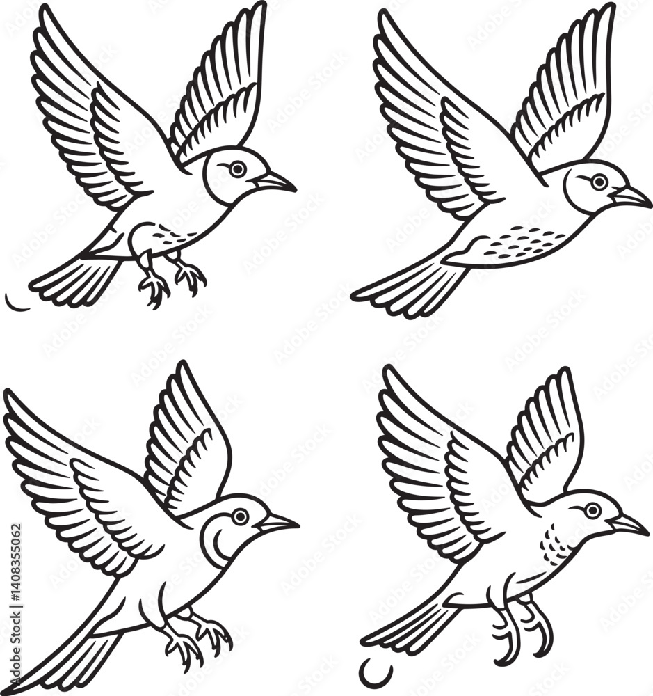 Fototapeta premium Birds set Line art vector illustration isolated On Transparent Background
