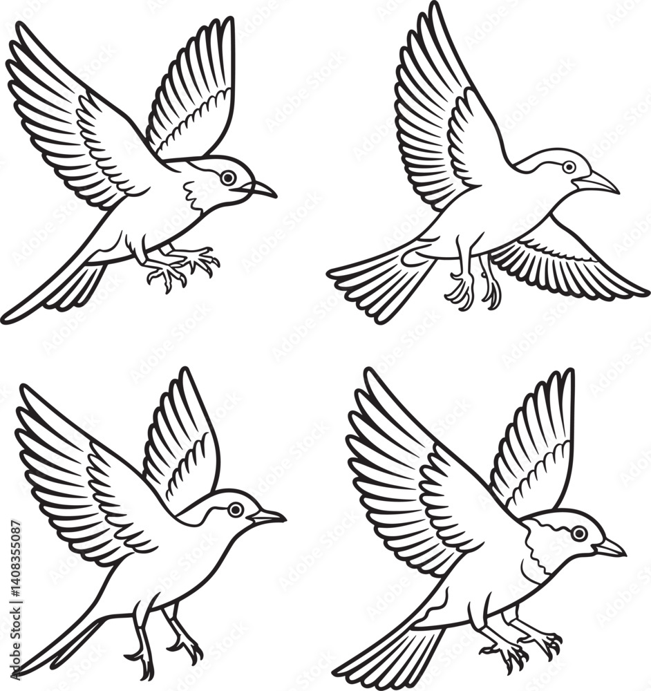 Fototapeta premium Birds set Line art vector illustration isolated On Transparent Background