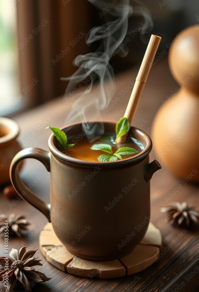 Steaming herbal tea in a rustic mug, two bamboo straws, nature, warmth Steaming herbal tea in a rustic mug, two bamboo straws, nature, warmth