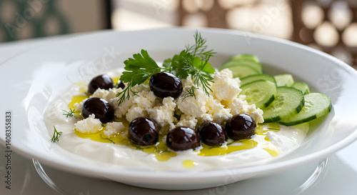 Greek Salad With Feta Olives And Yogurt Mediterranean Diet Close Up