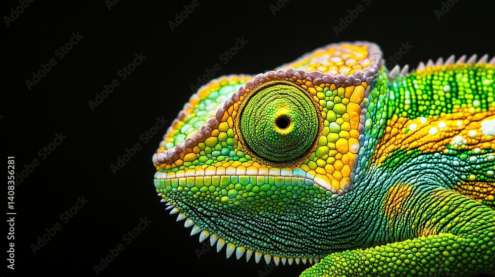 Fototapeta premium A close-up view of a green and yellow chameleon's head with open eyes