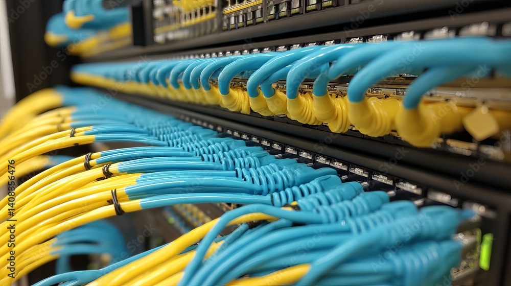 Organized blue and yellow server cables tied neatly A closeup of connectivity ports and cable management Organized blue and yellow server cables tied neatly A closeup of connectivity ports and cable management