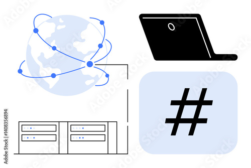 Planet connected by nodes, server racks, laptop, and metadata tag symbol explore tech, internet, data sharing. Ideal for global network, communication cloud computing database. Great for simple
