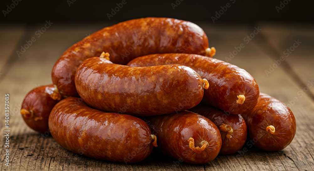 Pile of Freshly Prepared Sausages Displayed on Rustic Wooden Surface Pile of Freshly Prepared Sausages Displayed on Rustic Wooden Surface