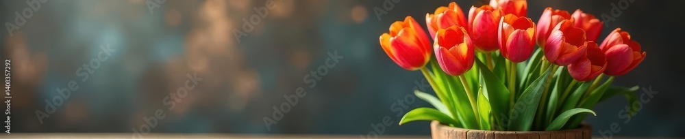 Vibrant tulips burst from rustic wooden planter , springtime, vibrant Vibrant tulips burst from rustic wooden planter , springtime, vibrant