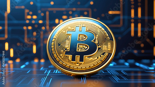 Bitcoin cryptocurrency, featuring its iconic golden coin with a sleek, 3D design, set against a dark blue or black background to represent the digital realm