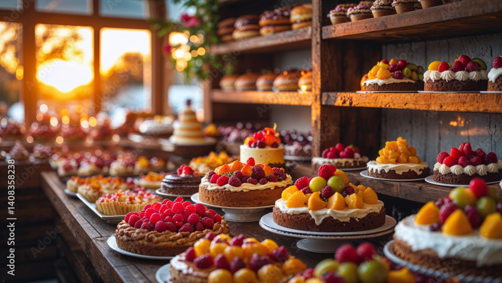 A mouthwatering display of fruit-topped cakes and pastries on rustic wooden shelves, ready to eat. A mouthwatering display of fruit-topped cakes and pastries on rustic wooden shelves, ready to eat.