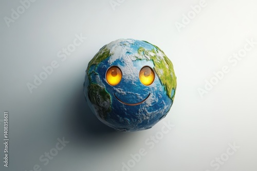 A smiling Earth globe with glowing eyes, symbolizing environmental optimism and a positive future.