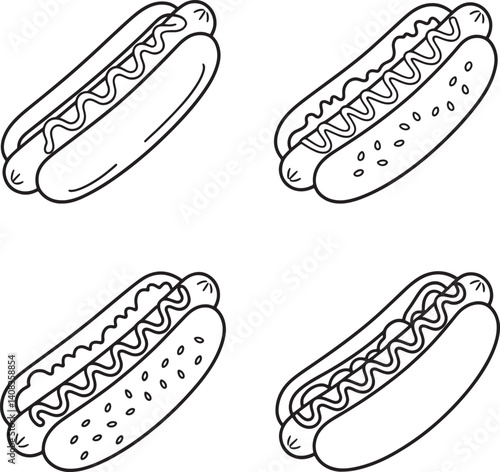 Hot dog set Line art vector illustration isolated On Transparent Background