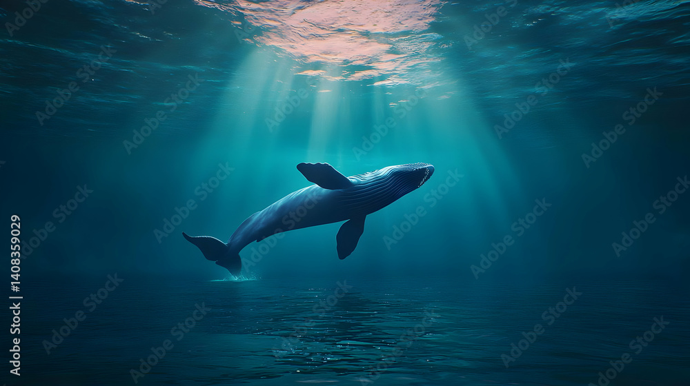 Obraz premium A Pixel Art Whale Swimming Under Water with Light Rays Shining Down in a Serene Blue Ocean Background Digital Art