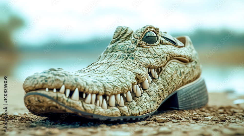 Obraz premium Crocodile shoe resting on riverbank, unique footwear design