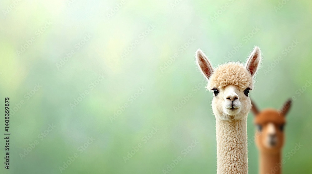 Fototapeta premium A pair of llamas grazing amidst a hazy backdrop of lush green vegetation