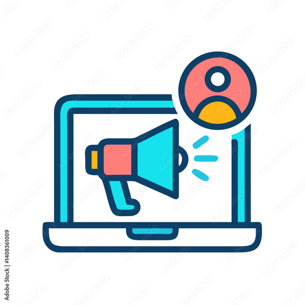 Laptop with User and Megaphone Icon Representing Online Communication and Digital Broadcasting Laptop with User and Megaphone Icon Representing Online Communication and Digital Broadcasting