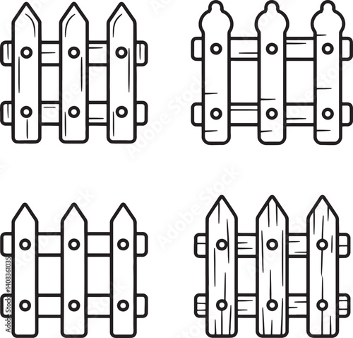 Modern wooden fence Line art set vector illustration  isolated On Transparent Background