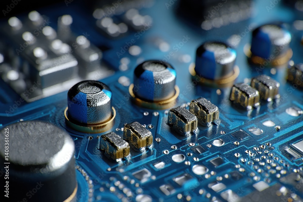 A close-up view of a blue circuit board with electronic components, featuring capacitors and surface mount devices, showcasing technology and engineering details. A close-up view of a blue circuit board with electronic components, featuring capacitors and surface mount devices, showcasing technology and engineering details.