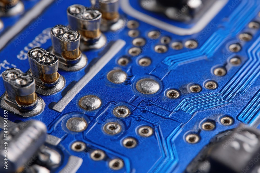 A detailed close-up of a vibrant blue circuit board, showcasing intricate pathways, soldering, and electronic components, ideal for tech and engineering backgrounds. A detailed close-up of a vibrant blue circuit board, showcasing intricate pathways, soldering, and electronic components, ideal for tech and engineering backgrounds.