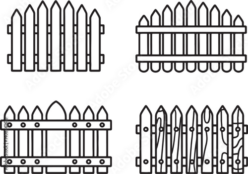 Modern wooden fence Line art set vector illustration  isolated On Transparent Background