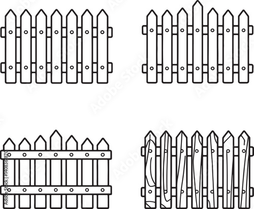 Modern wooden fence Line art set vector illustration  isolated On Transparent Background