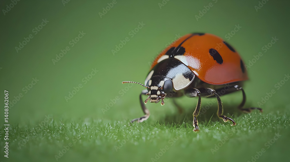 Fototapeta premium Detailed Macro Image of a Red and Black Ladybug on Green Leaf with Bokeh Background