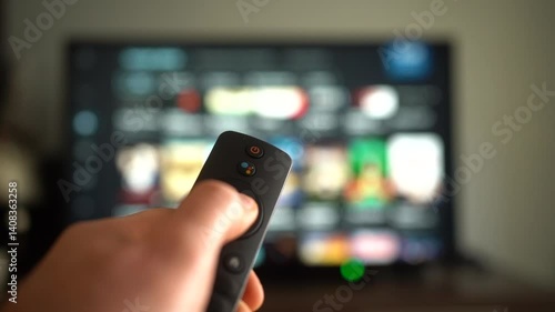A person holds a remote in front of a vibrant TV screen, ready to browse and enjoy shows